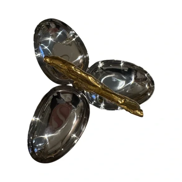 New Stainless steel candy dish 3 section with brass flower handle - Picture 3 of 8